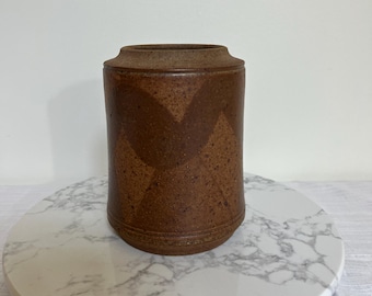 Vintage Stoneware Crock Vase: Earth Tone Drip Glaze, Speckled Rustic MCM Planter