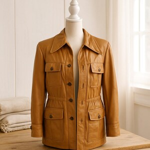 Vintage Leather Jacket Mens | Caramel 1970s Gimbel Size 42 | MCM Collector Fashion |Safari Jacket