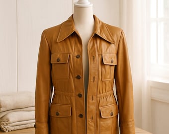 Giacca di pelle vintage da uomo / Caramello anni '70 Gimbel Taglia 42 / Moda da collezione MCM / Giacca safari