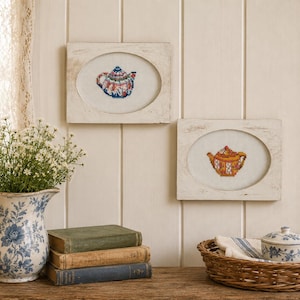 Framed Cross Stitch Teapots Set of 2 |  Distressed Wood Cottagecore Decor | Vintage Kitchen Wall Art