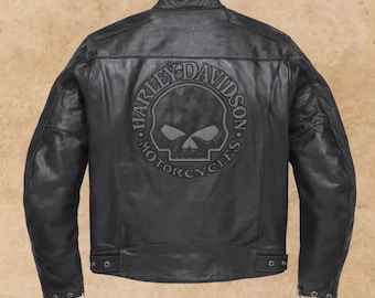 Giacca da uomo in pelle nera con emblema del teschio Harley Davidson