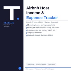 Inkomstspårning för Airbnb-värdar | Google Sheets Excel | Finansiering för korttidsuthyrning | Vinstförlust för korttidsuthyrning | Beläggningsspårning | Direkt nedladdning