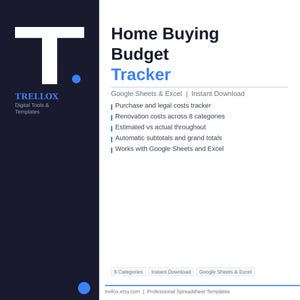 May include: A digital home buying budget tracker with the text "Home Buying Budget Tracker." The design features a dark blue and white color scheme with the TRELLOX logo. The tracker includes features for tracking costs and works with Google Sheets and Excel.