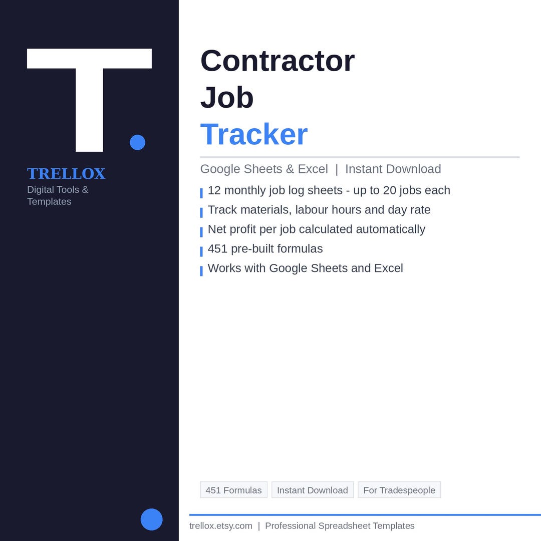 Contractor Job Tracker | Google Sheets Excel | Tradesperson Invoice Log ...