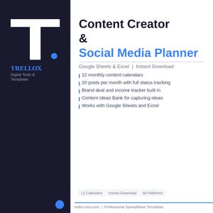 Pianificatore per creatori di contenuti / Fogli Google Excel / Calendario social media / Instagram TikTok YouTube / Programmazione dei contenuti / Download immediato