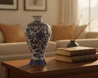 Blue White Ceramic Vase, Oriental Floral Decor, Glazed Bottle, Traditional Design, Housewarming Gift