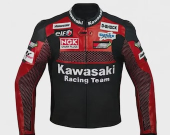 Chaqueta de moto Kawasaki Ninja roja para hombre, de piel de vacuno: Chaqueta con protecciones homologadas CE.