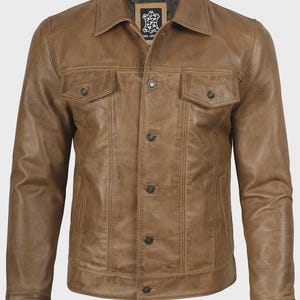 Vintage Brown Leather Jacket – Classic Men’s Real Leather Trucker Jacket, Retro Casual Outerwear, Stylish Fall/Winter Coat