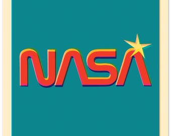 Poster met NASA-wormlogo | Retro ruimtekunstdruk, offset, CMY-stijl, mat papier