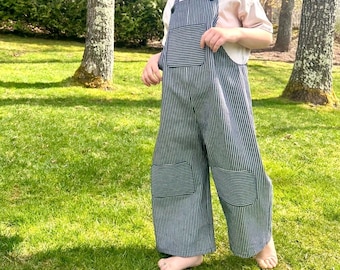 Peto infantil de mezclilla a rayas 100% algodón / Pierna ancha / Mono artesanal inspirado en la ropa de trabajo