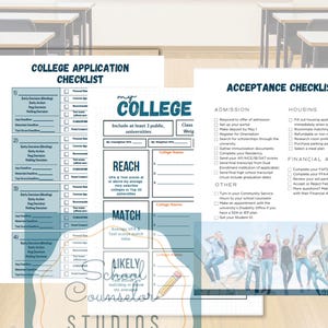 Può includere: Due liste di controllo per le domande e l'accettazione al college. La lista di controllo a sinistra è per le domande, con sezioni per scadenze e requisiti. La lista di controllo a destra riguarda l'ammissione, l'alloggio e l'aiuto finanziario.