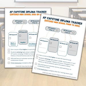 May include: Two AP Capstone Diploma Tracker sheets. The sheets have a white background with blue and gray text. The text includes "AP Seminar," "AP Research," and exam titles. The sheets also have check boxes and text about requirements.