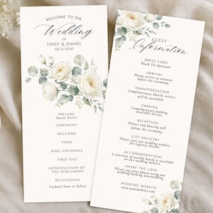 May include: Two rectangular wedding program cards with white backgrounds, featuring watercolor illustrations of white roses and eucalyptus leaves. The text includes Welcome to the Wedding of Emily & Daniel 06.21.2030, a ceremony timeline, and Guest Information.