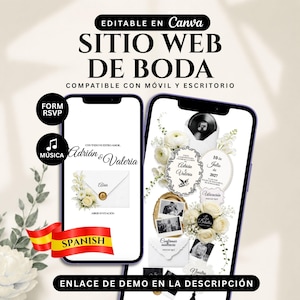 May include: Two smartphones display a digital wedding website template with floral accents, black and white photos, and text including Adrián & Valeria, 10 de Julio de 2027, and RSVP. The design features an envelope icon with a wax seal.