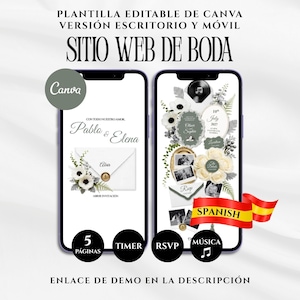 May include: An editable Canva wedding website template for desktop and mobile featuring two smartphone screens. The left screen shows an invitation envelope with white flowers, while the right screen displays wedding details, photos, and floral accents.