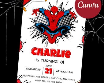 Spider Man Invitation, Spider-man Boys Birthday Party Digital Invitation, Kids Birthday Card, Digital Download, Editable Template Canva