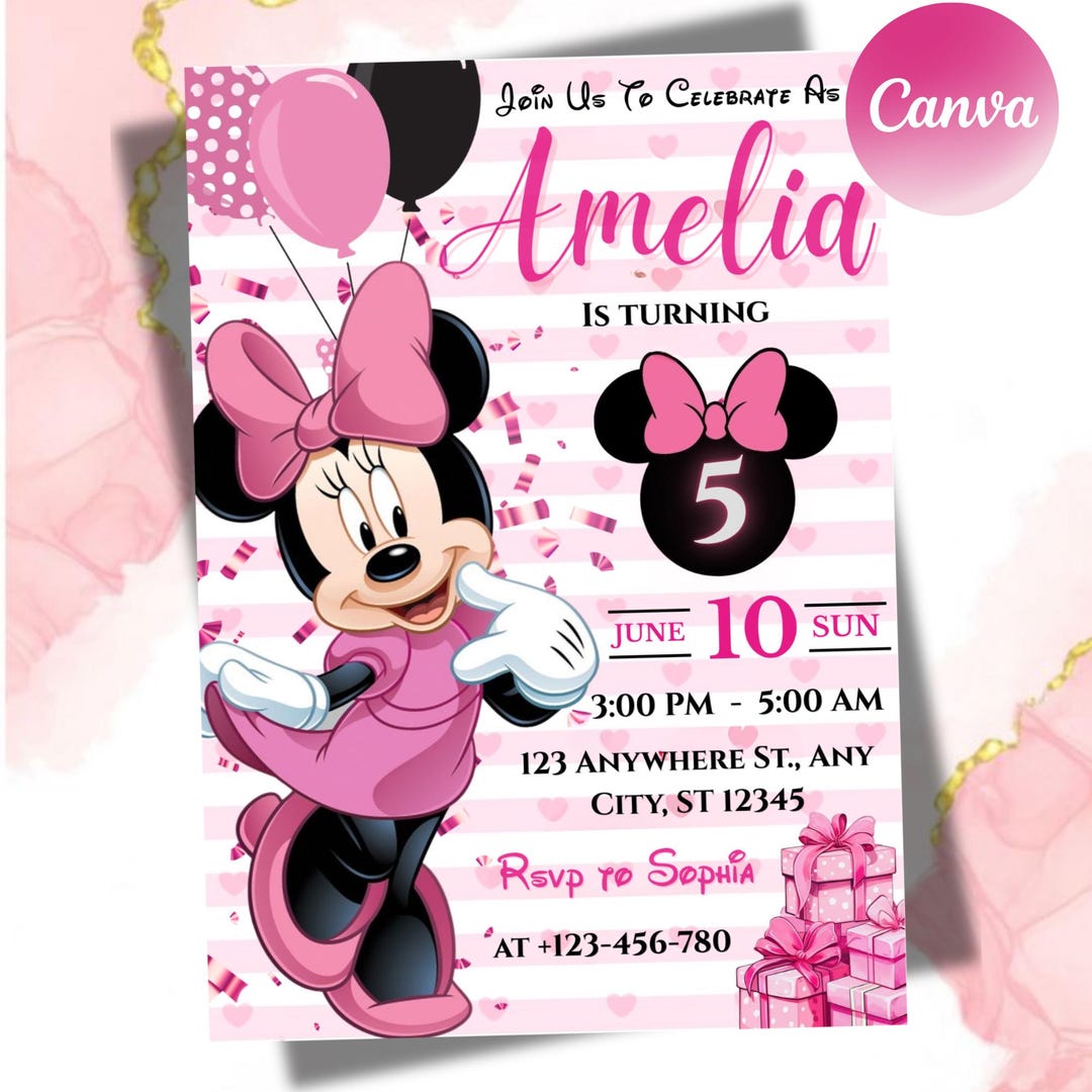 Editable Minnie Mouse Birthday Invitation, Pink Girl Party Invite, Kids ...