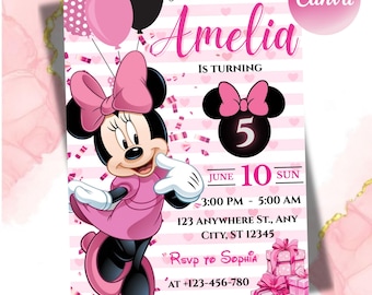 Bearbeitbare Minnie Mouse Geburtstagseinladung, Pink Girl Party einladen, Kindergeburtstag einladen, Canva Vorlage, DIY Texte, Instant Canva Download