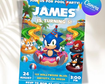 Editable Sonic Pool Party Birthday Invitation, Sonic the Hedgehog Summer Party Invite, Digital Download, Editable Canva Template