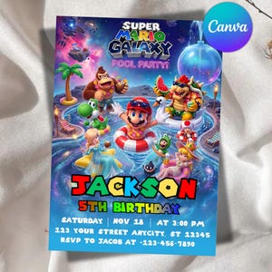 Invitación a fiesta en la piscina de Super Mario Galaxy, invitación a fiesta espacial, invitación a fiesta en la piscina, descarga instantánea, plantilla editable de Canva