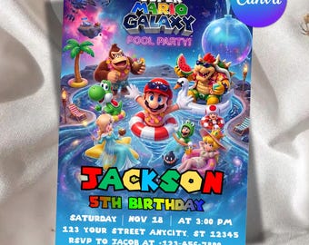 Super Mario Galaxy Pool Party Invitation, Outer Space Party Invite, pool party invitation, Instant Download, Editable Canva Template