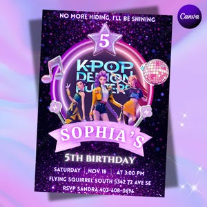 KPOPデーモンハンターズ招待状、KPOPデーモンハンターズ誕生日招待状、編集可能なKポップ誕生日招待状、Kポップウォリアーズ招待状