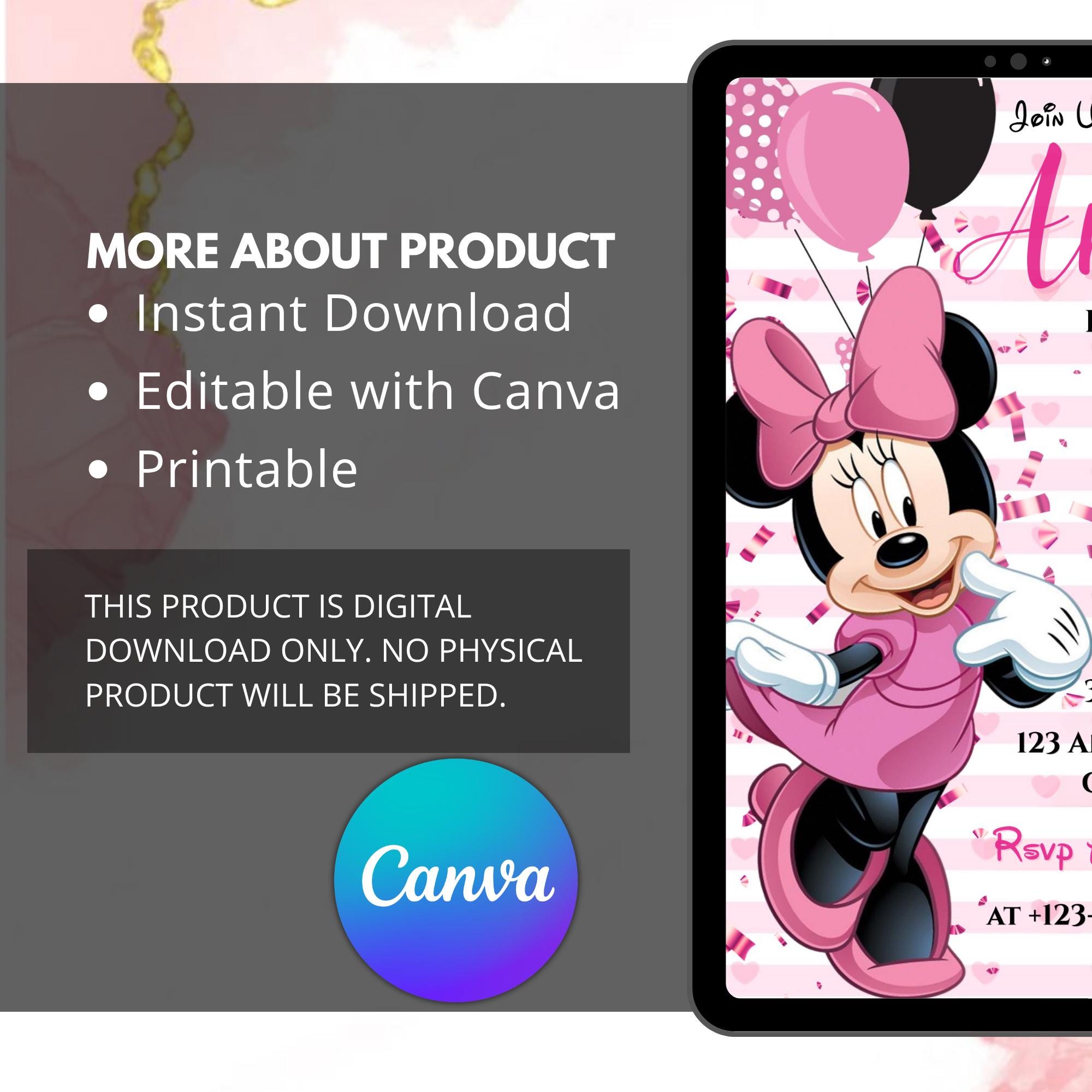 Editable Minnie Mouse Birthday Invitation, Pink Girl Party Invite, Kids ...