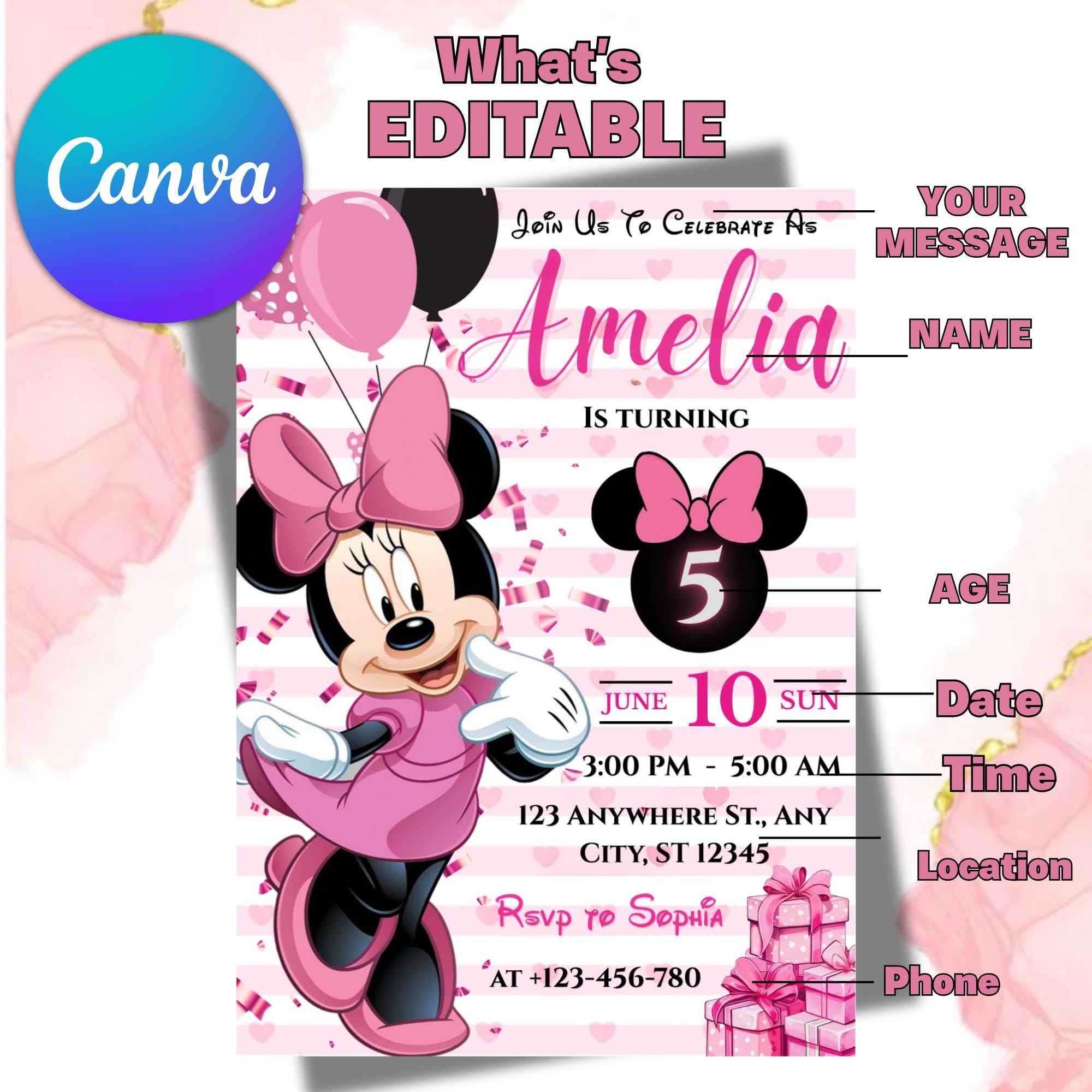 Editable Minnie Mouse Birthday Invitation, Pink Girl Party Invite, Kids ...