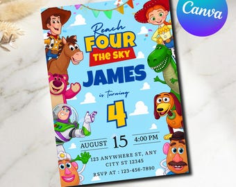 Editable Reach Four The Sky Birthday Invitation for Girl, Digital Download Toy Story 4th Birthday Theme Invite, CANVA Template