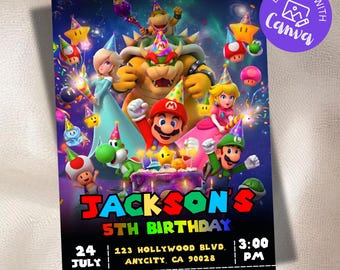 Mario Galaxy Birthday Invitation, Outer Space Party Invite, Boys Gaming Party card, Instant Download, Editable Canva Template (5x7 inch)