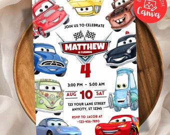 Cars Birthday Invitation, Kids Birthday Invitation, Lightning McQueen Invitation, Editable Personalized Canva Digital Download