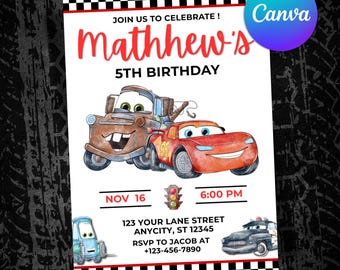 Cars Birthday Invitation, Birthday Invitation, Lightning McQueen Invitation, Kids Birthday Invitation, Editable Canva Template