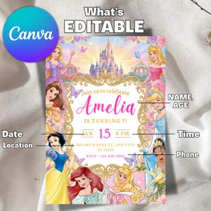 May include: A colorful invitation featuring Disney princesses, a castle, and butterflies. The text reads "Join us to celebrate Amelia is turning 7!" with the date January 15th. The Canva logo is visible.