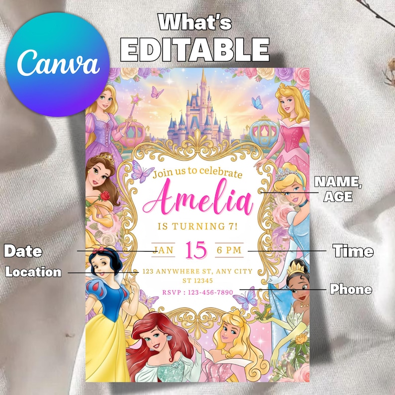 May include: A colorful invitation featuring Disney princesses, a castle, and butterflies. The text reads "Join us to celebrate Amelia is turning 7!" with the date January 15th. The Canva logo is visible.