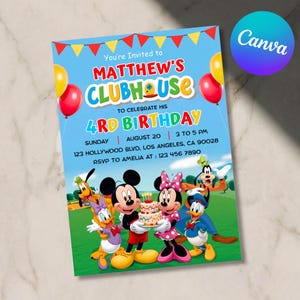 May include: A light blue birthday invitation card featuring colorful balloons and cartoon characters including Mickey Mouse, Minnie Mouse, Donald Duck, Daisy Duck, Goofy, and Pluto. The text reads: You're Invited to MATTHEW'S CLUBHOUSE TO CELEBRATE HIS 4RD BIRTHDAY.