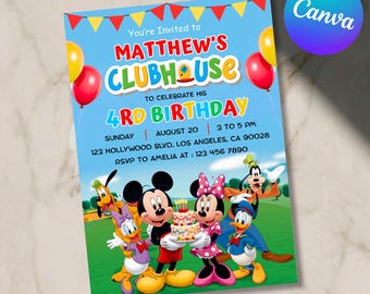 Peut inclure: Une carte d'invitation d'anniversaire bleu clair avec des ballons colorés et des personnages de dessins animés dont Mickey, Minnie, Donald, Daisy, Dingo et Pluto. Le texte indique : You're Invited to MATTHEW'S CLUBHOUSE TO CELEBRATE HIS 4RD BIRTHDAY.