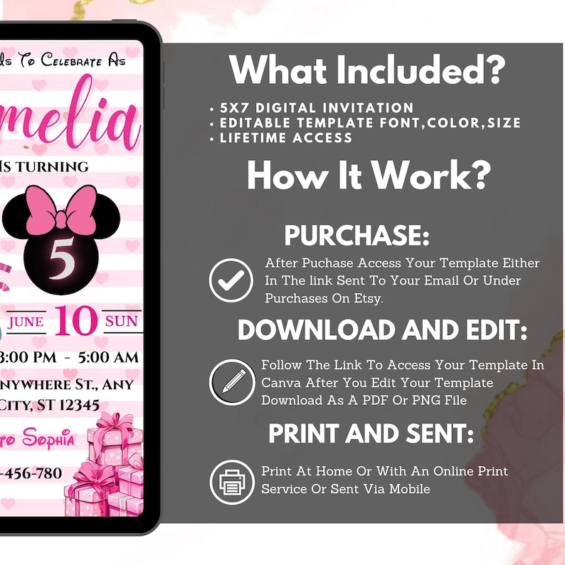 Editable Minnie Mouse Birthday Invitation, Pink Girl Party Invite, Kids ...