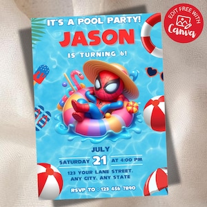 Op de afbeelding: Een uitnodiging voor een zwembadfeest met een cartoon Spider-Man karakter op een zwemband. De uitnodiging luidt "IT'S A POOL PARTY! JASON IS TURNING 6!" en bevat de datum, tijd en RSVP-informatie. Het ontwerp bevat zwembad-thema graphics.