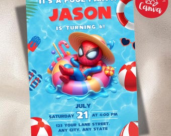 Spidey Pool Party Invitation, pool party invitation, Instant Download, Editable Canva Template, Spidey and His Amazing Friends