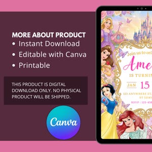 May include: Digital birthday party invitation featuring Disney princesses. The invitation includes the text "Join us to celebrate Ame is turning" and the date "Jan 15". The design is editable with Canva and available for instant download and printing.