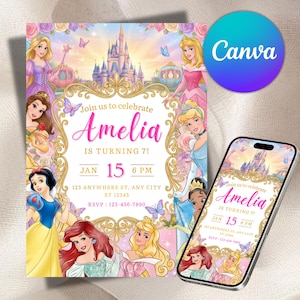 May include: A birthday party invitation featuring a princess theme. The invitation includes the text "Join us to celebrate Amelia is turning 7!" with the date and time. The design includes illustrations of various princesses, a castle, and butterflies. A smartphone displays the same invitation.