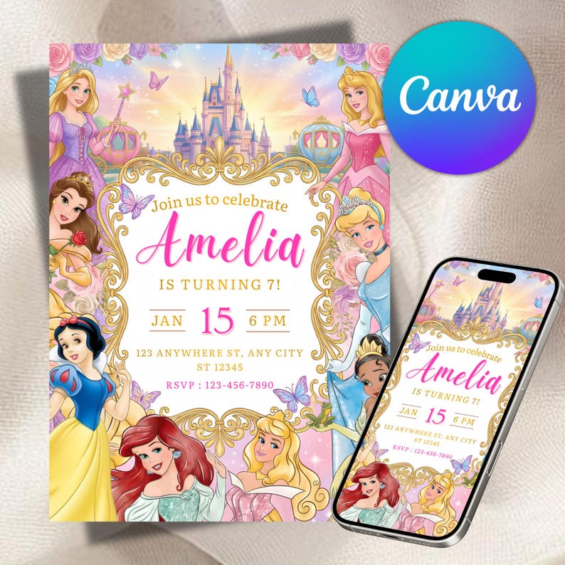 May include: A birthday party invitation featuring a princess theme. The invitation includes the text "Join us to celebrate Amelia is turning 7!" with the date and time. The design includes illustrations of various princesses, a castle, and butterflies. A smartphone displays the same invitation.