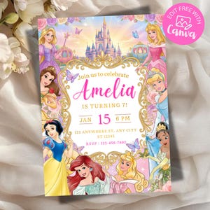 Prinsessfödelsedagsinbjudan Prinsessfödelsedagsmall Prinsesstemafest Prinsessinbjudan Prinsesscanva-mall Kunglig födelsedagsinbjudan