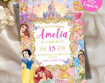 Princess Birthday Invitation Princess Birthday Template Princess Theme Party Princess Invite Princess Canva Template Royal Birthday Invite