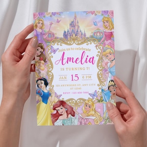 May include: A colorful invitation featuring various princess illustrations, a castle, and floral accents. The invitation reads "Join us to celebrate Amelia IS TURNING 7!" with the date and time. The RSVP information is also included.