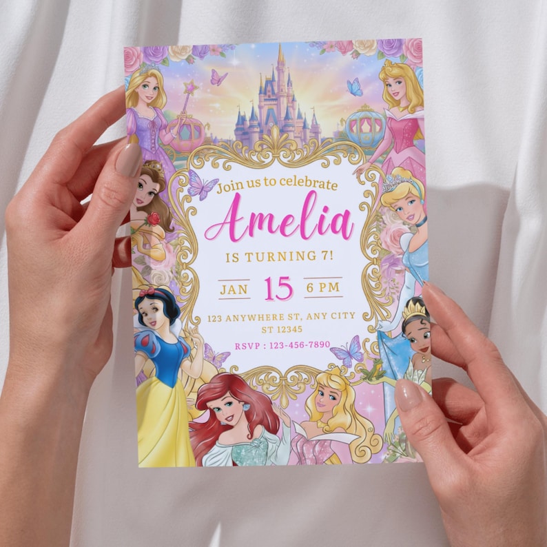 May include: A colorful invitation featuring various princess illustrations, a castle, and floral accents. The invitation reads "Join us to celebrate Amelia IS TURNING 7!" with the date and time. The RSVP information is also included.