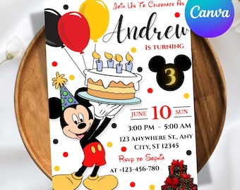 Micky Maus Geburtstagseinladung, druckbare Einladung Mickey, jedes Alter Micky einladen, Micky Maus Canva Vorlage Sofortiger Download