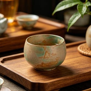 May include: A ceramic tea cup with a mottled green and brown glaze sits on a wooden tray. The cup is filled with tea. Other tea cups, a teapot, and a vase with greenery are in the background, suggesting a tea ceremony.
