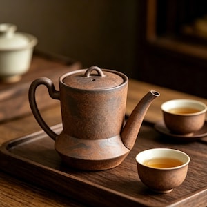 May include: A brown ceramic teapot with a curved handle and spout, and two matching teacups filled with tea. The teapot has a lid with a small loop handle. The set is presented on a wooden tray, ideal for a tea ceremony.