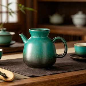 Op de afbeelding: Een keramische theepot met een rond lichaam en een brede, uitlopende rand. De buitenkant heeft een verloopafwerking, die overgaat van een levendig talingblauw aan de bovenkant naar een diep, donker houtskoolzwart aan de basis, met een glad handvat.